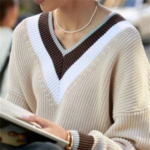 Women s Sweaters Winter Autumn Striped Brown Knitted Oversize Warm Loose Jumper Thick Vintage V Neck for Women 220916