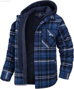 取り外し可能なフード付きジャケットチェック柄キルティング裏地冬コート厚いパーカー生き抜く男性フリースシャツメンズフランネルシャツ