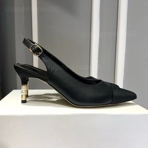 Tasarımcı Slingback Topuklu Mules Pompa Ayakkabı İnci Topuklular Yavru Topuk Üzerinde Kayma Gerçek Deri Kap Toe Bej Siyah Beyaz Akşam Düğün Elbise Ayakkabı
