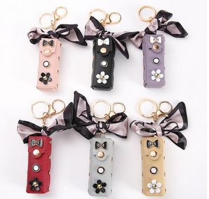 Designer Key Chains Rings With Silk Scarf Lipstick Keychains Fashion PU Leather Flower Pendant Charm Car Keyrings Holder For Women Mini Bag Christmas Gifts