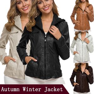 Herbst Winter Jacke Frauen Hoodies Motorrad Jacken Schwarz Oberbekleidung Kunstleder PU Grundlegende Mantel