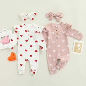 Rompers spädbarn baby flickor tvådelar kläder set hjärttryck långärmad besättning hals romper och bågknut huvudbonad rosa/ vit 220919