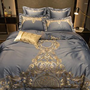 Set di biancheria da letto Luxury Grey 1000TC Satin Cotton Egyptian Gold Royal Set da ricamo Soft Silky Copripiumino Biancheria da letto / Foglio Federe