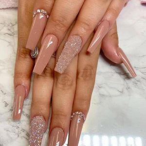 False Nails Nude Press On Rhinestone XL Length Coffin Fake Nail Tips Pre Designed Z160