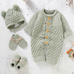 Rompers born Baby Romper Shoes Gloves Set Knit Girl Boy Jumpsuit Boot Mitten Solid Toddler Infant Long Sleeve Clothing 4PC Fall 0-18M 220919