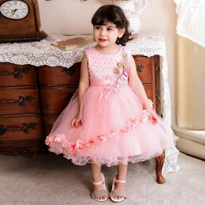 Vestidos de menina rosa vestido de verão casual traje artesanal para crianças mangas de mangas para casa princesa festa roupas de flor vestidos de casamento vestidos