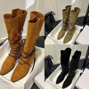 Isabel Marants Botas de encaje Correa de tobillo Pastilla en gamuza Bota alta Mujer Punta lisa Tacones bajos Botín alto Brwon Negro Clásico 22ss Diseño Zapatos de vestir Botas de marca