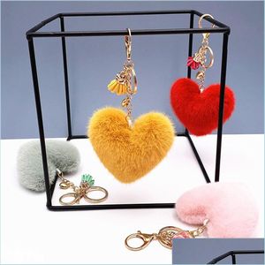 Nyckelringar härliga Tassel Peach Heart Key Chedes Rings Hjärtformade Plush Bag Pendant Car Keychain Creative Gift Drop Delivery 2021 Jewe Dh816