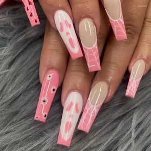 False Nails Long Coffin Grimace Pink French Ballerina Fake Lady Full Cover Nail Tips Women Heart Lattice Press On