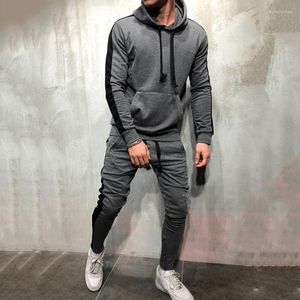 Men's Tracksuits 2 Pieces Sets Tracksuit Men Brand Autumn Hooded Sweatshirt Drawstring Pants Long Male Stripe Patchwork Hoodies Suit