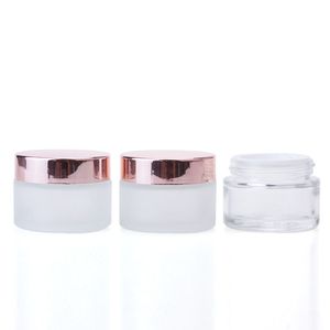 Clear Frosted Eye Cream Jar Bottle 5G-100G Tomt Glass Lip Balm Container Wide Mouth Kosmetiska provburkar med Rose Gold Cap