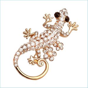 Pins Brooches New Crystal Lizard Creative Brooches For Women Animal Shape Gecko Badge Lapel Pin Wedding Bridal Jewelry Accessories C Dheho