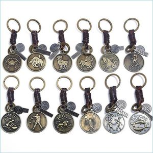 Key Rings Zodiac Sign Keychains For Men Women Genuine Real Leather 12 Constellations Vintage Gold Color Metal Alloy Keyring Car Key C Dhqyr