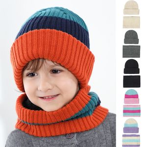 Winter Knitted Scarf Hat Set Thick Warm Skullies Beanies Hats for Child Solid Stripe Outdoor Snow Riding Ski Bonnet Caps Girl Boy