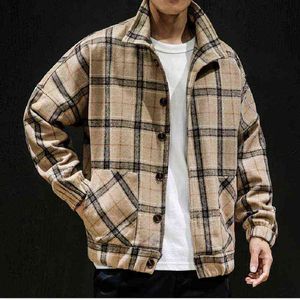 Herrjackor japanska mode Woolen Plaid Jacket Män och hösten Casual Tide Märke LAPEL WindBreaker Jacket Plus Size Clothes T220914