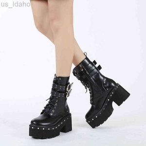 Boots 2021 Spring Lace-up Women's Motorcycle Round Toe Platform High Heels Ankle Gothic Shoes Studded L220920