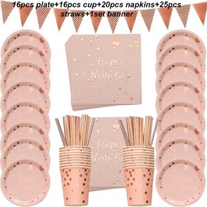 Decorazione per feste 78pcsset Set di stoviglie usa e getta in oro rosa Piatti per tazze Cannucce Decorazioni per compleanni per adulti Forniture per addio al nubilato 220919