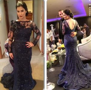 Elegant Dark Navy Mermaid Evening Dresses Long Sleeves Lace Appliques Beaded Arabic Formal Party Gowns 2022 Sexy Open Back Saudi Arabia Dubai Mother Prom Dress