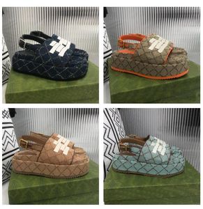 Lyxiga kvinnor Platform Sandal Ankel Justerbart spänne Loafers Canvas övre Läder Trim Designer Tofflor