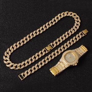 Gold Hip Hop Miami Halsband Curb Cuban Chain Iced Out Paled Rhinestones CZ Bling Rapper Gold Neckor Watch Armband Smycken för Men2616