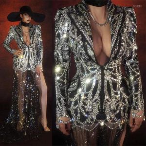 Stage Wear Sparkly Rhinestone Suit With Mesh Trailing Dress Women Deep V Crystal Coat Wedding Party Birthday Club Prom Costume OutfitStage