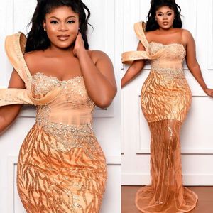 2022 Arabiska ASO EBI Gold Mermaid Prom Dresses Pärled Crystals Evening Formal Party Second Reception Födelsedagsengagemang Klänningar ZJ287