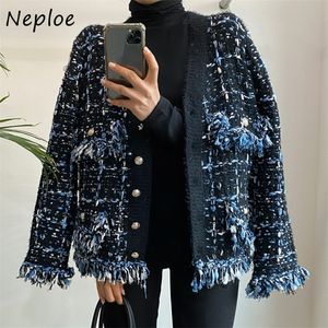 Women's Knits Tees Neploe Stylish V-neck Mixed Color Knitted Cardigan Woman Loose Long-sleeved Sweater Coat Women Tassel Fringe Fuzzy Cardigans 220916