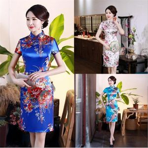 Ethnic Clothing Cheongsam Satin Dress Woman Slim Elegant Improved Kimono Printed Party Dresswear Traditional Chinese Wedding Short Uniform