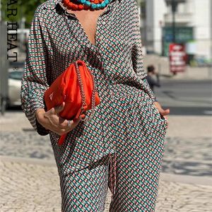 Frauen Zweiteilige Hosen Casual Lose Druck Gerade Hosenanzüge Frauen Vintage Volle Ärmel Hemd Sets Sommer Dame Mode Outfits 220919