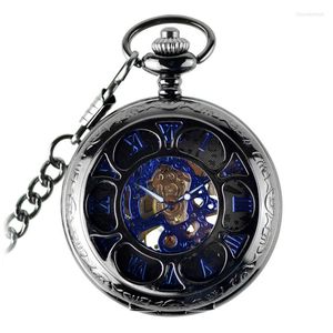 Pocket Watches Black Petal Blue Face Mechanical Watch Retro Flip Hollow Men's and Women's