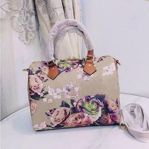 Kvinnlig kuddepåse Flower Boston Handväskor Tygväska Purse Crossbody Shloulder Påsar Canvas Cowhide äkta lädertryck Borttagbar remspåse