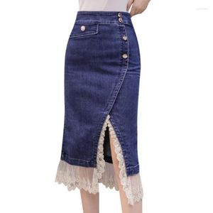Saias mulheres saia de renda coreana TRIM FEMAN FEMAN Fashion BodyCon Midi Jeans Thin Skinny Grande tamanho S-2xl Denim