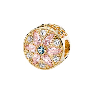 Pink Stone Yellow Gold plated Charm Real 925 Silver Jewelry Accessories with Original Box For pandora Bangle Bracelet Making Beads Charms Set