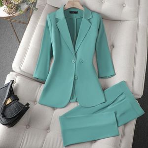 Women's Two Piece Pants Women Business Suits With 2 Set Tops And Elegant Green Spring Summer Professional Office Work Wear Pantsuits Blazers