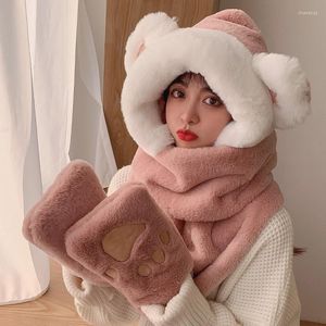 Boinas 3pcs/set mujeres coreanas invierno peluche gato lentejuelas de lentejuelas guantes de bufanda integrados engrosado al aire libre c￡lido tibio