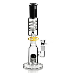 Thick Glass Hookah Bubbler with Arm Tree Perc Recycler Bongs Removable Freezable Helix Coil Water Pipe with 18mm Joint Chilled Smoking Shisha Ash Catcher