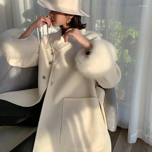 Women's Wool 2022 Real Fur Coat Winter Jacket Women Elegant White Natural Cuffs Cashmere Blend Oversize Ladies Outerwear