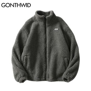 Männer Leder Faux GONTHWID Harajuku Streetwear Fleece Jacken Einfarbig Casual Lose Voll Zipper Mäntel Hip Hop Winter Mode Warme tops 220916