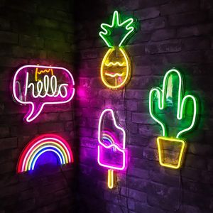 LED Neon Sign Night Light USB Powered Banana Cactus Pineapple Coconut Tree Love Popsicle Hello Rose Backplane Lights for Bedroom Decor