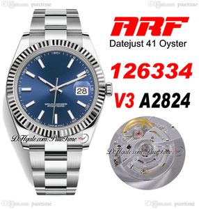 ARF V3 126334 ETA A2824 Automatisk herrklocka 41mm Fluted Bezel Blue Stick Dial 904L OysterSteel Armband Watches Super Edition Samma Series Card Puretime E5