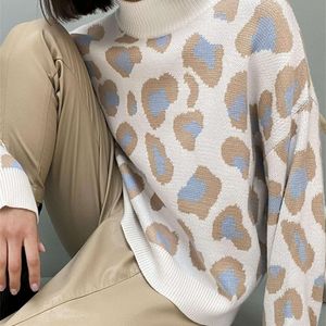 Kvinnors tröjor Vintertröja Leopardtryck Animal Basic White Turtleneck Överdimensionerad Jumper Vintage Warm Sticked For Women 220916