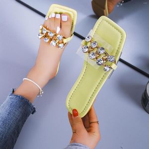 Kapcie gumowa podeszwa dla kobiet panie moda stały kolor przezroczysty PVC Rhinestone Otwarty łańcuch palców płaski sandały