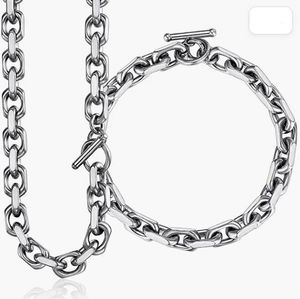 Edelstahl-Schmucksets, Halskette, Armband, Kabel, Rolo-Gliederkette für Herren und Damen, modisch, 8 mm breit, Silber, 61 cm, 21,6 cm