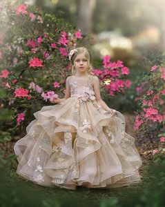 Girl Dresses Lovely Champagne Flower Girls 2022 Sheer Tulle Ball Gown Pageant Kids Formal Party Dress With Pink Sash Belt