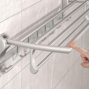 Hooks Bathroom Towel Rail Bath Organizer Shelfs Storage Towels Hanger Aluminum Shower-gel Shampoo Rack Wall No-drilling Foldable