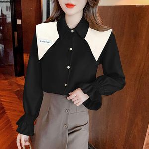 Kadın Bluzları Yaz Sonbahar Kadınlar Uzun Kollu Gömlek Dikiş Katı Şifon Top Sıradan Moda Gevşek Giyim Houthion