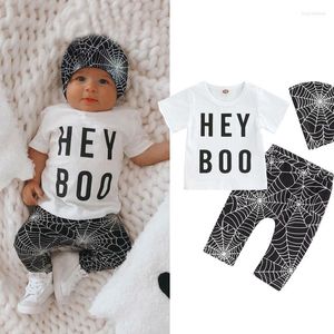 Set di abbigliamento 0-24 mesi Neonate 3 pezzi Set T-shirt con stampa a lettera Web Pantaloni Cappello Abiti per Halloween per bambini