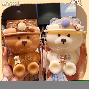 물병 1000 ml kawaii 곰 어린이 짚 물병 소녀 휴대용 스트랩 대형 플라스틱 병 BPA 무료 학교 식수 컵 220919