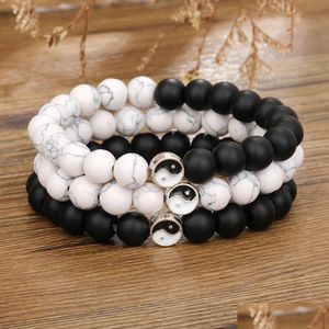 Beaded Strands 8Mm Fashion Men Women Taiji Yin Yang Feng Shui Beaded Strands Bracelet Natural White Turquoise And Black Bead Couple Dh92H