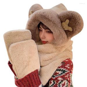 Beretti donne inverno con cappuccio con cappuccio con cappuccio con cappuccio guanto da 3 pezzi Set di cappelli tascabili a tasche caldi morbidi